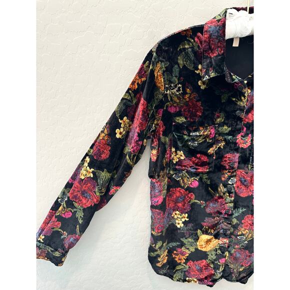 ANTHROPOLOGIE | Pilcro Velvet Button Down Shirt Black Red Floral Blouse | XS - Picture 3 of 7